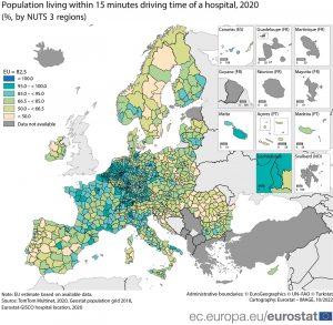 How many people live 15 minutes away from a hospital?