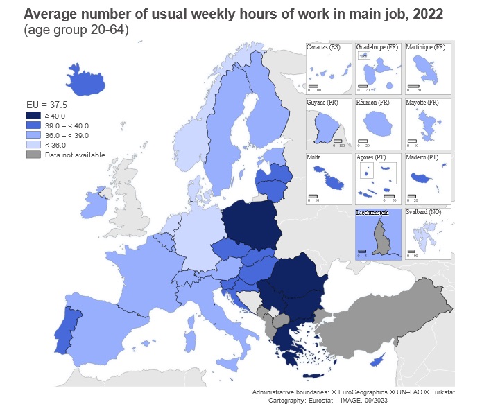 How much time per week do Europeans usually work?