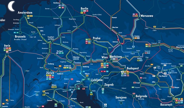 Map of night train connections in Europe