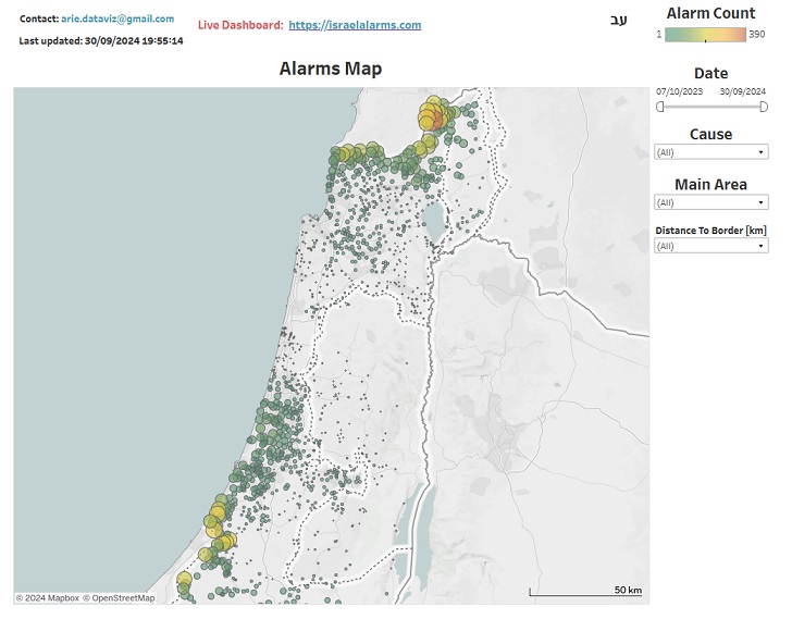 Map of bomb alerts in Israel