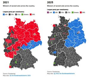The results of the German parliamentary elections on a map.