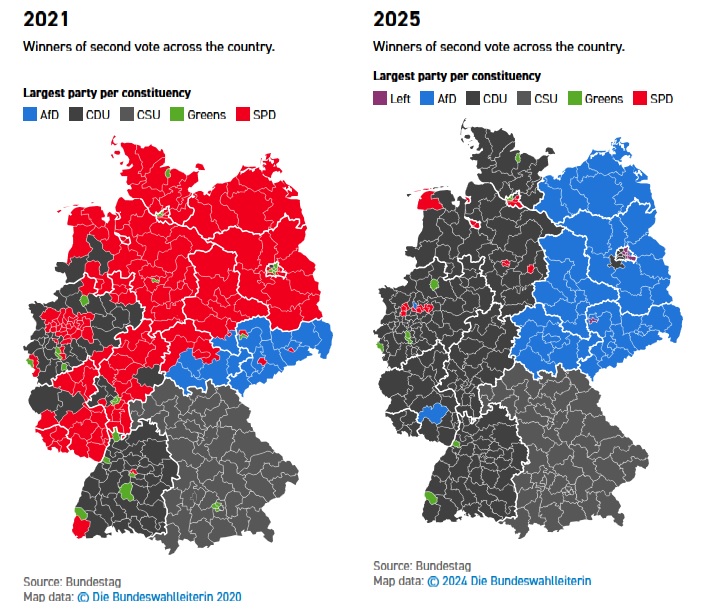 The results of the German parliamentary elections 2025 on a map. The historical division is visible