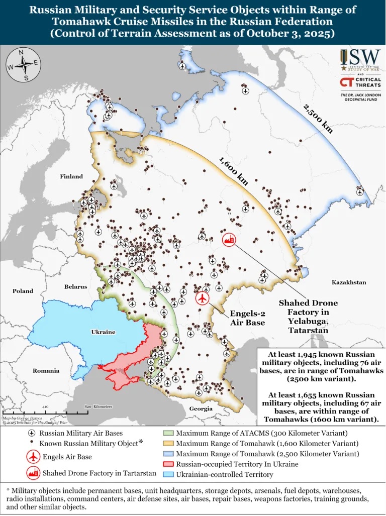 Range map of Tomahawk missiles fired from Ukraine