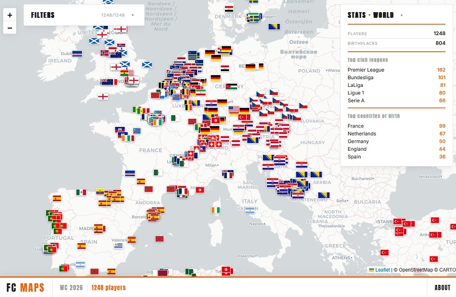 Map of birthplaces of all world cup 2026 players